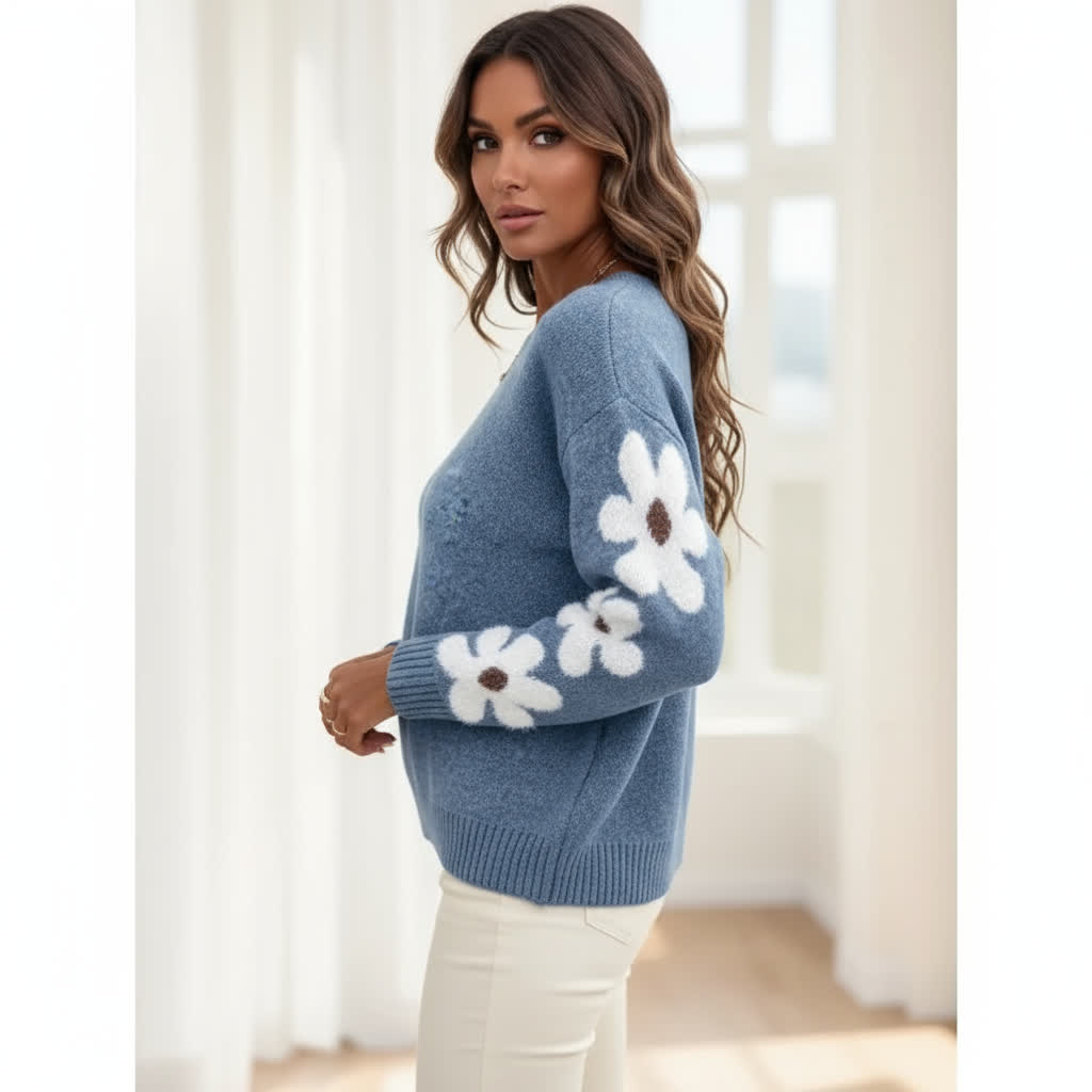 Pullover med blomsterærmer – frisk, legesyg og stilren